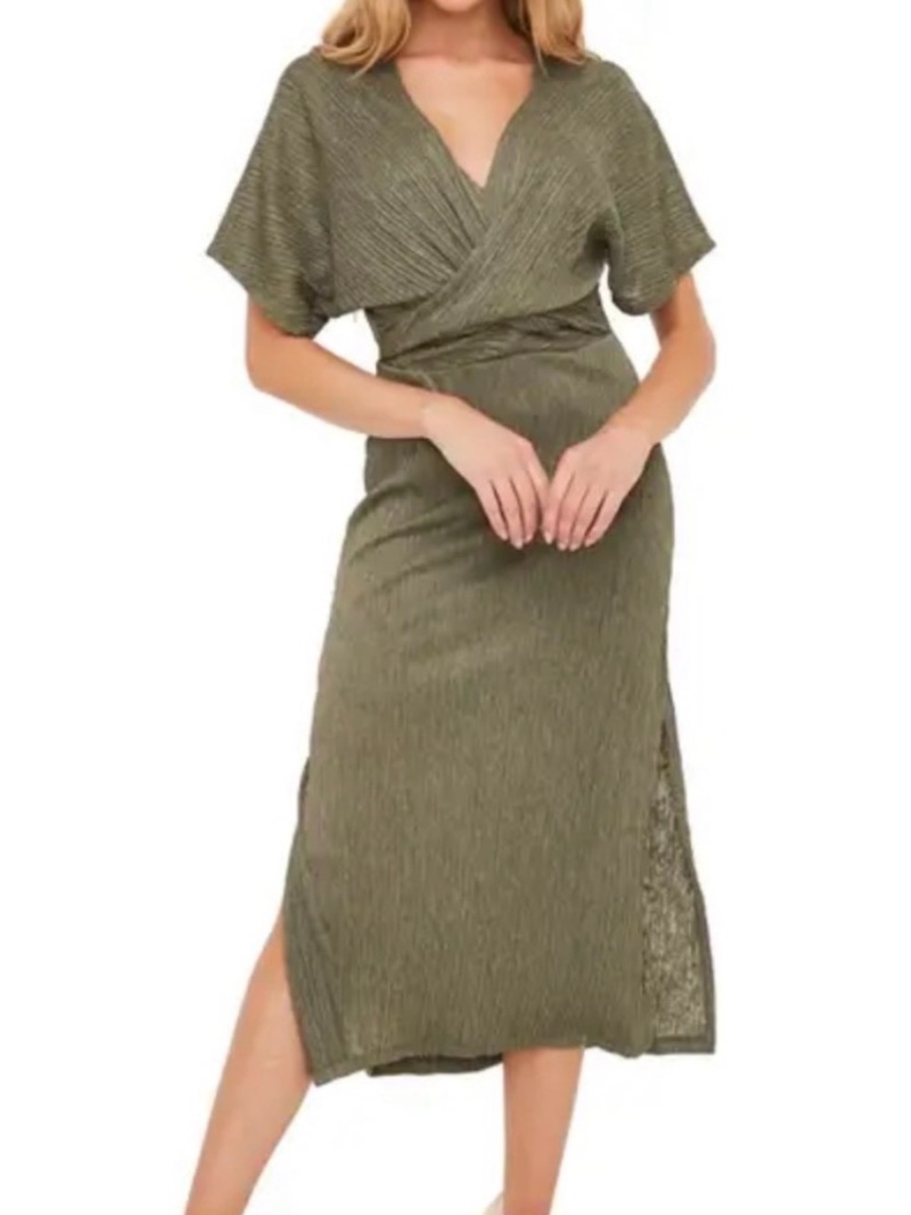 All in Favor | Olive Green Wrap Midi Dress